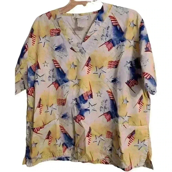 Happy Scrubs Women's Scrub Top Yellow Red White Blue USA Flag Star 4th of July - Picture 1 of 3